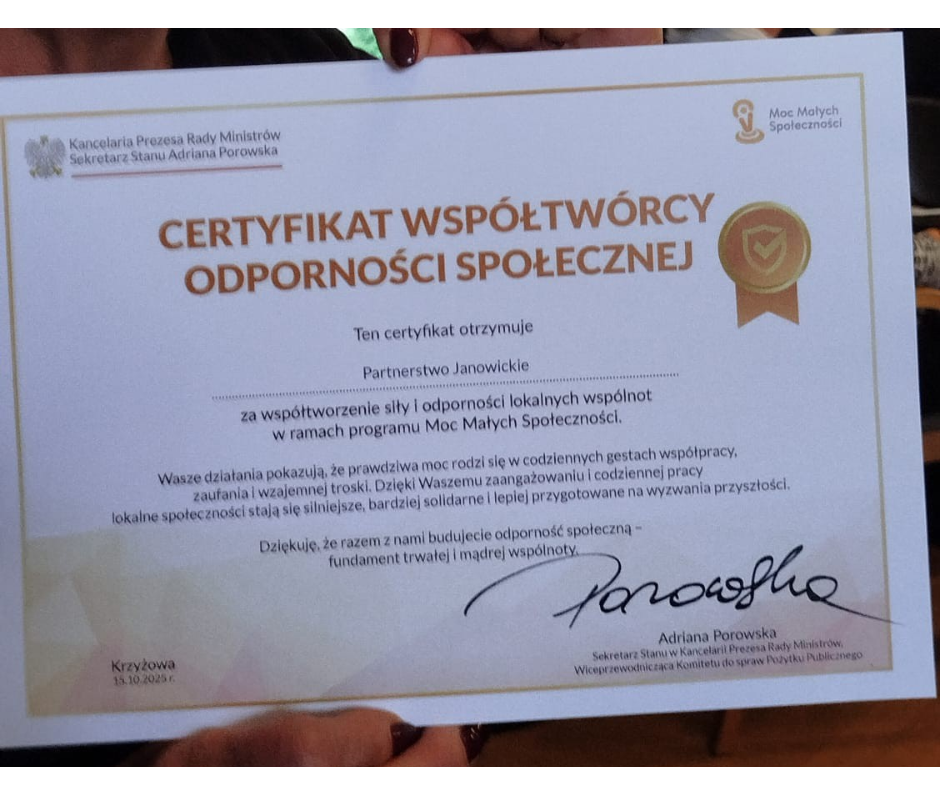 Wyróżnienie projektu "Wspólnie przygotowani na zagrożenia w Gminie Janowice Wielkie"