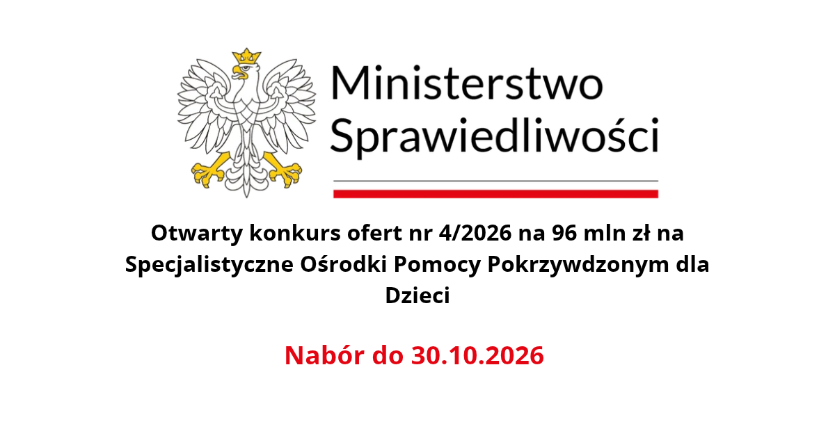 Otwarty konkurs ofert nr 4/2026 na 96 mln zł na Specjalistyczne Ośrodki Pomocy Pokrzywdzonym dla Dzieci