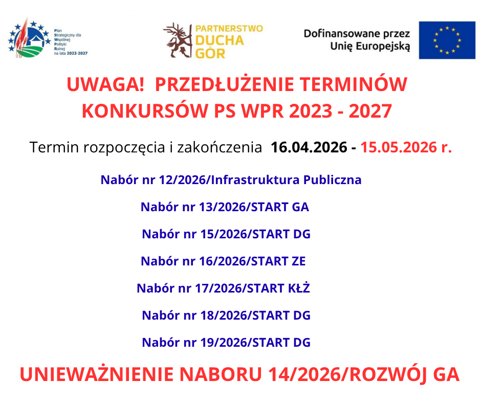 PRZEDŁUŻENIE TERMINÓW KONKURSÓW PS WPR 2023-27 do 15.05.2026 r. UNIEWAŻNIENIE NABORU: 14/2026/ROZWÓJ GA